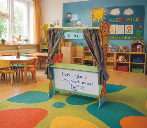 Scenka kukiełkowa z tablicą białą i żyrafą