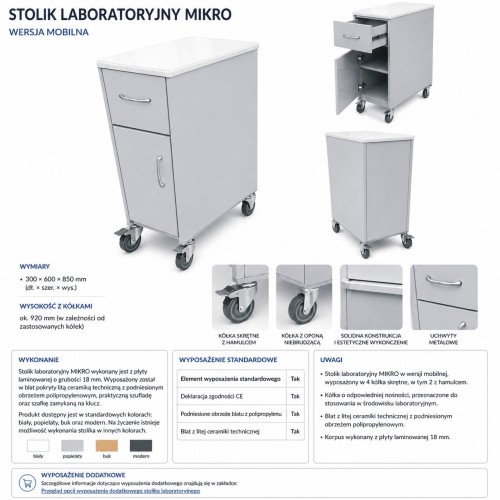 Stolik mobilny mini do dygestorium na postumencie metalowym bez zlewu popiel